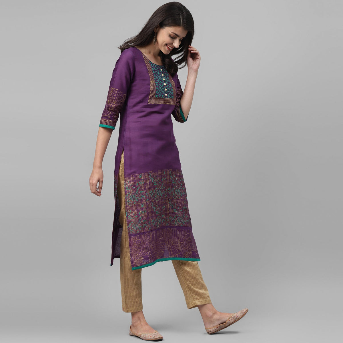 Maai Rayon Hand Printed Kurta Purple | Grocsy