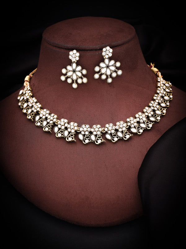 Tehzeeb Creations Luxurious Gold Polished White Colour Diamond Choker Necklace Set With Matching Earrings | Grocsy