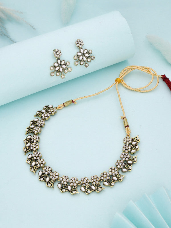 Tehzeeb Creations Luxurious Gold Polished White Colour Diamond Choker Necklace Set With Matching Earrings | Grocsy