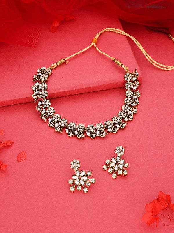 Tehzeeb Creations Luxurious Gold Polished White Colour Diamond Choker Necklace Set With Matching Earrings | Grocsy