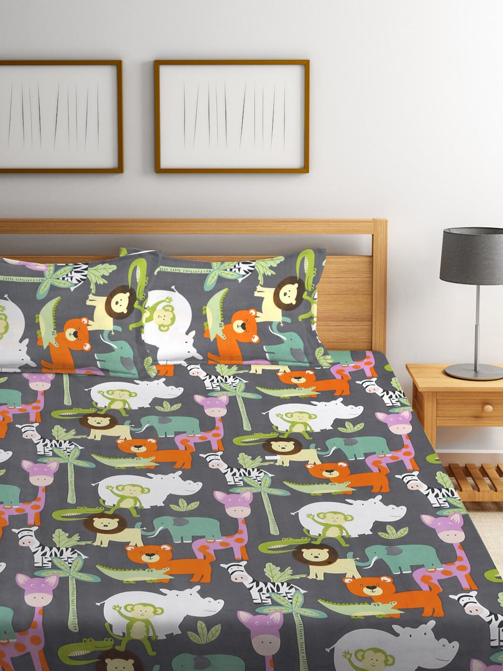 KLOTTHE Grey & Orange Cartoon Character Printed 300 TC King Bedsheet With 2 Pillow covers | Grocsy