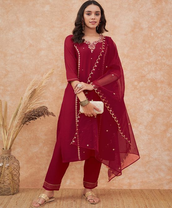 Sangria Maroon Floral Embroidered Straight Kurta With Trousers & Dupatta | Grocsy