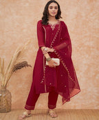Sangria Maroon Floral Embroidered Straight Kurta With Trousers & Dupatta | Grocsy