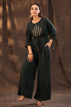 Juniper Women Jadegreen Rayon Slub Embroidered Regular Jumpsuit | Grocsy