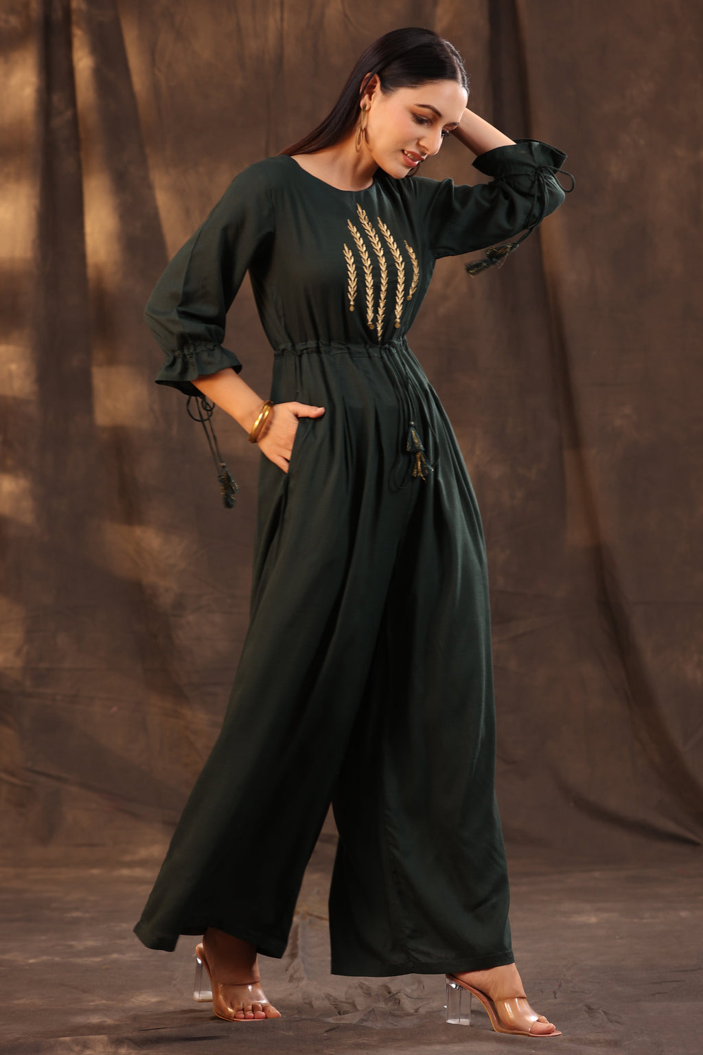 Juniper Women Jadegreen Rayon Slub Embroidered Regular Jumpsuit | Grocsy