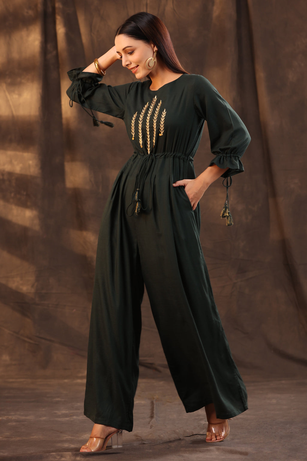Juniper Women Jadegreen Rayon Slub Embroidered Regular Jumpsuit | Grocsy