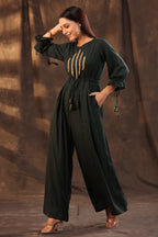Juniper Women Jadegreen Rayon Slub Embroidered Regular Jumpsuit | Grocsy