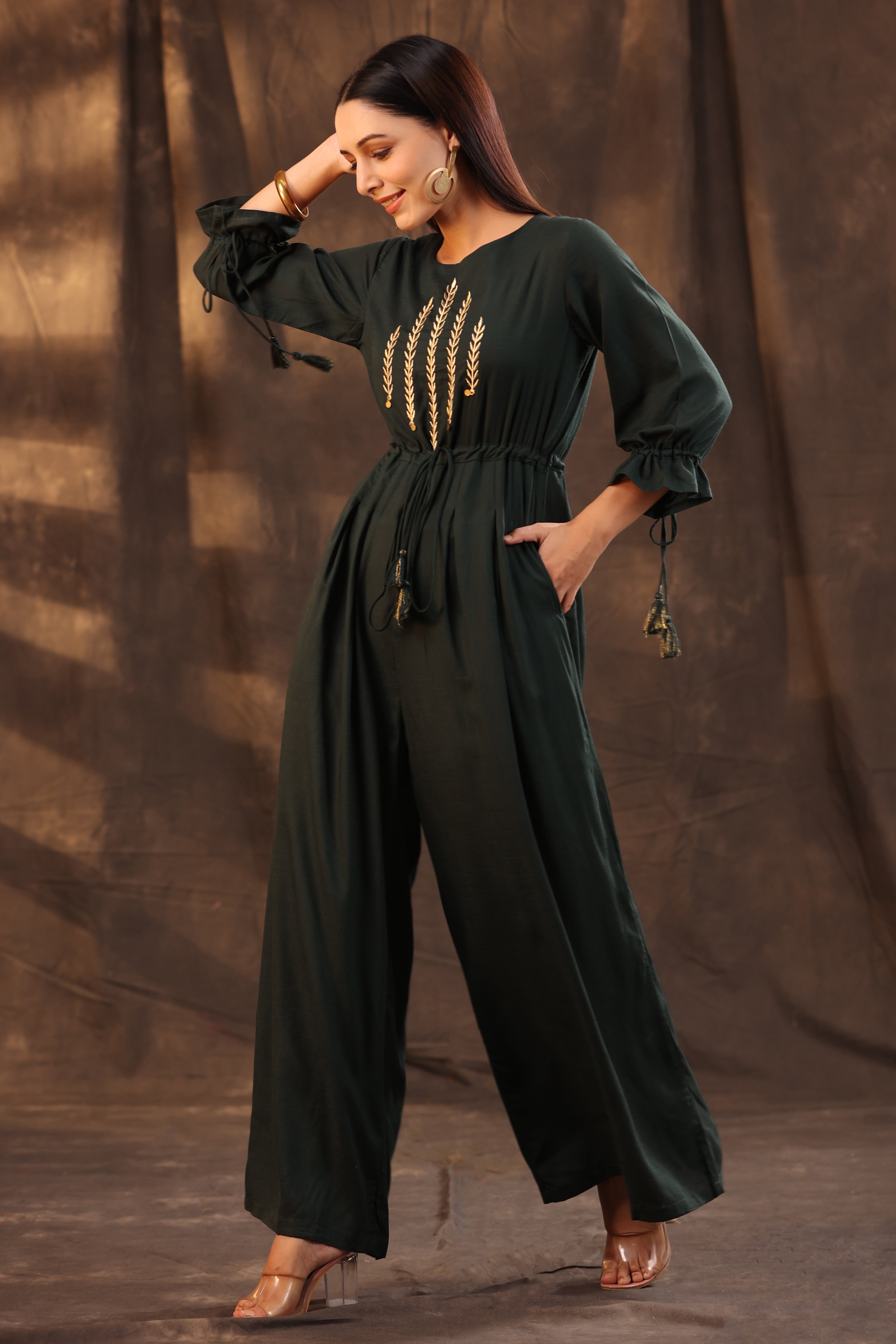 Juniper Women Jadegreen Rayon Slub Embroidered Regular Jumpsuit | Grocsy