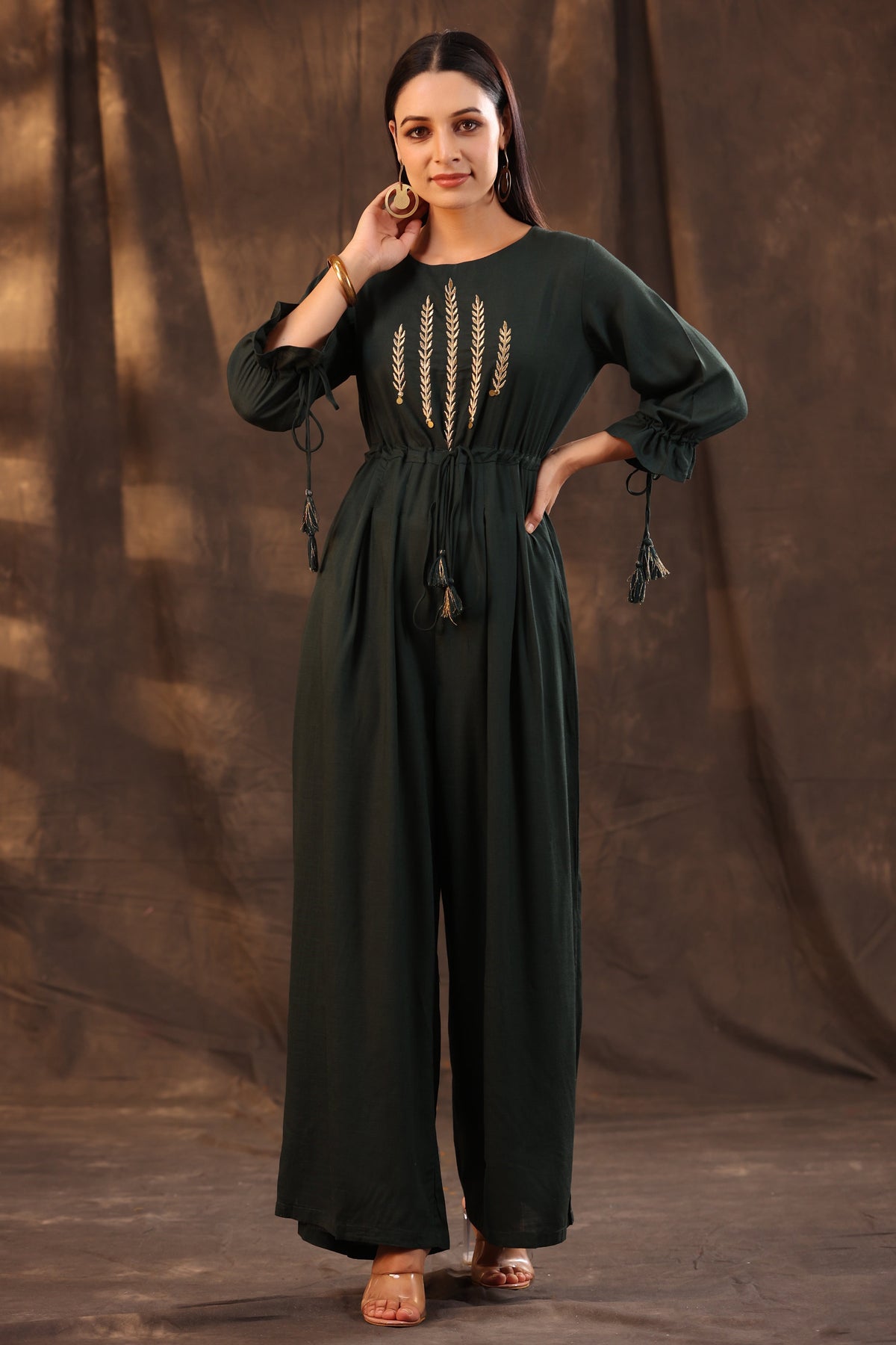 Juniper Women Jadegreen Rayon Slub Embroidered Regular Jumpsuit | Grocsy