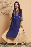 Juniper Women's Indigo Geometric Printed Rayon Kurta With Tassels Detail | Grocsy