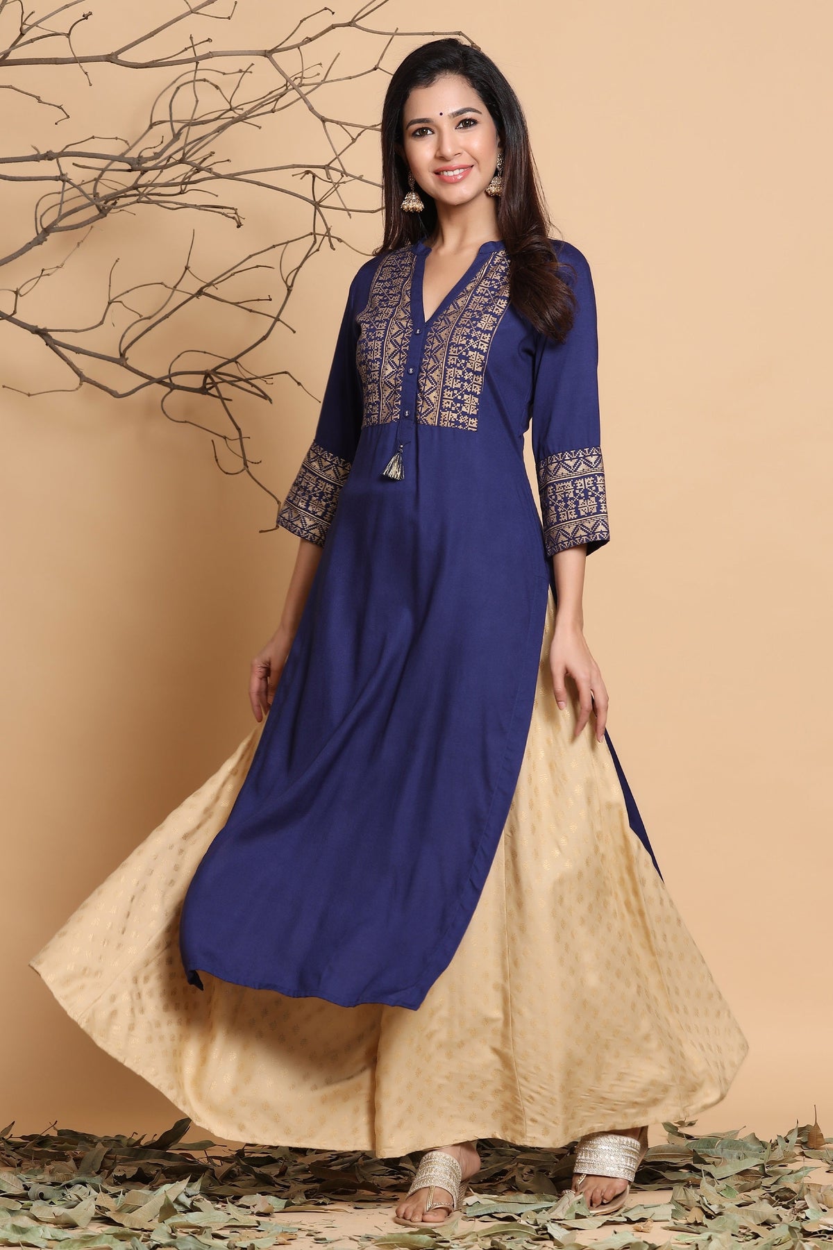 Juniper Women's Indigo Geometric Printed Rayon Kurta With Tassels Detail | Grocsy