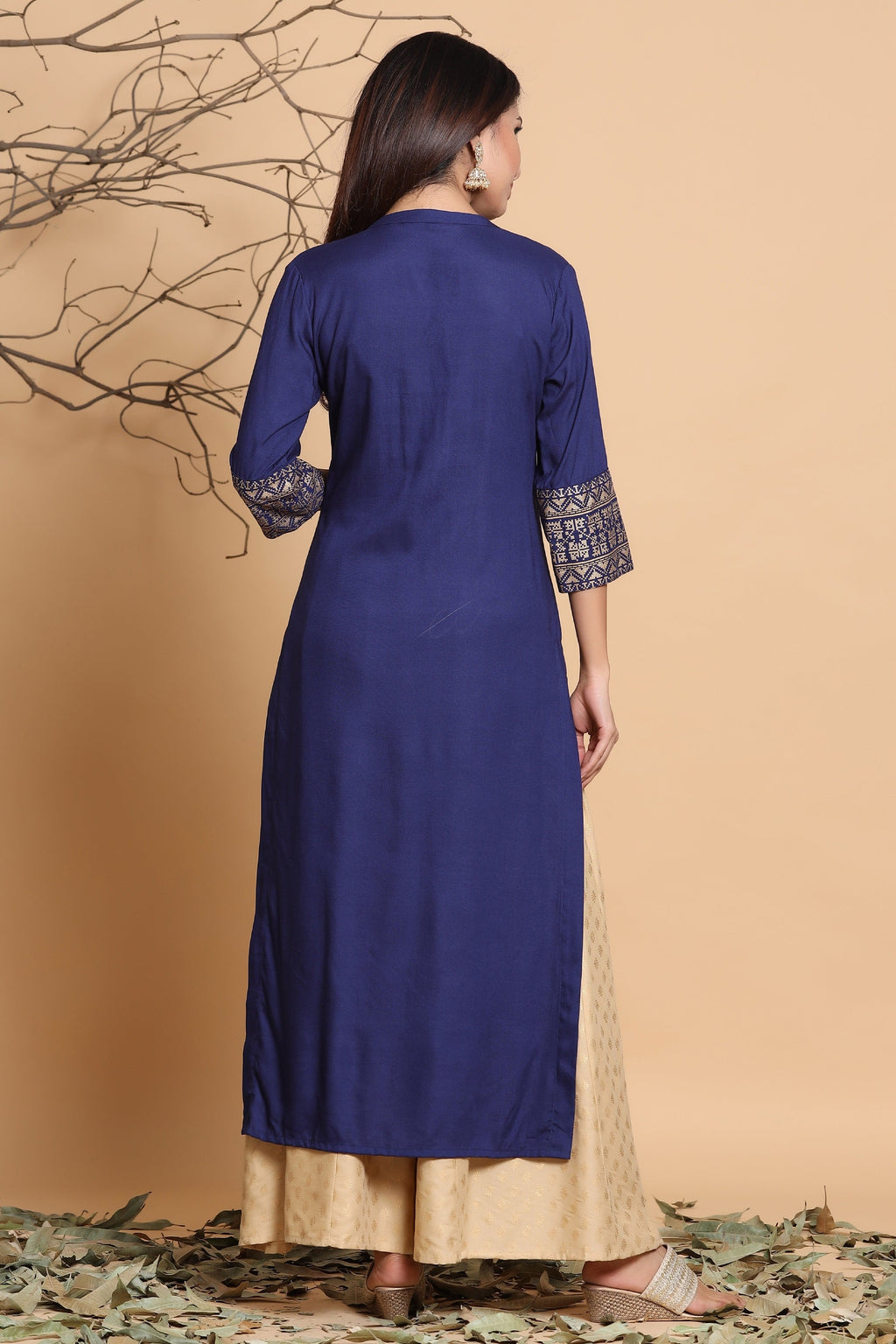 Juniper Women's Indigo Geometric Printed Rayon Kurta With Tassels Detail | Grocsy