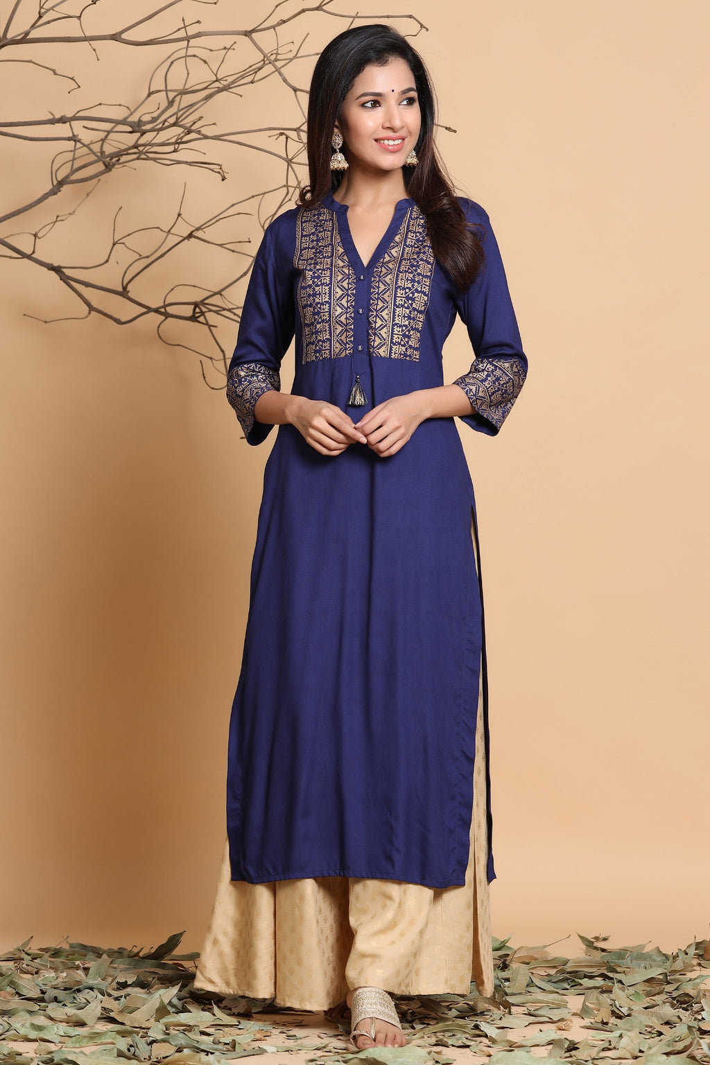 Juniper Women's Indigo Geometric Printed Rayon Kurta With Tassels Detail | Grocsy