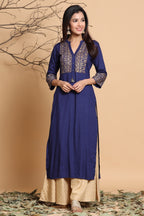 Juniper Women's Indigo Geometric Printed Rayon Kurta With Tassels Detail | Grocsy