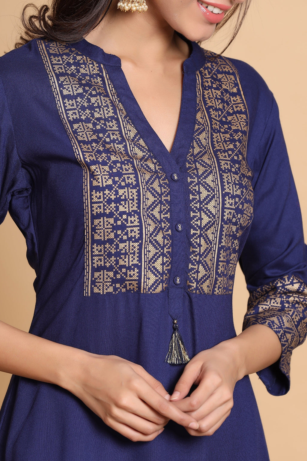 Juniper Women's Indigo Geometric Printed Rayon Kurta With Tassels Detail | Grocsy