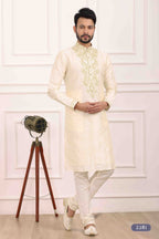 Raivat Ethnic Art Banarasi Silk Thread Work Kurta Pajama In Cream Colour | Grocsy
