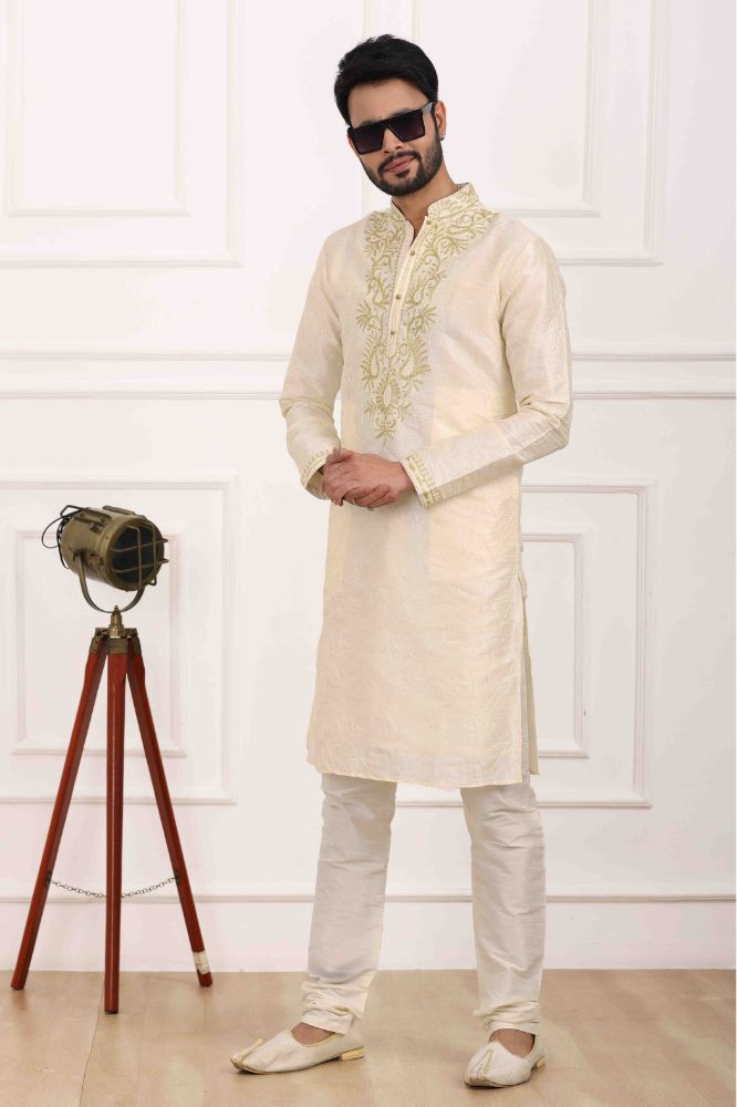 Raivat Ethnic Art Banarasi Silk Thread Work Kurta Pajama In Cream Colour | Grocsy