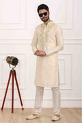 Raivat Ethnic Art Banarasi Silk Thread Work Kurta Pajama In Cream Colour | Grocsy