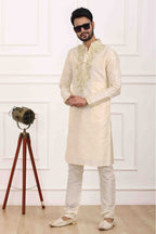Raivat Ethnic Art Banarasi Silk Thread Work Kurta Pajama In Cream Colour | Grocsy