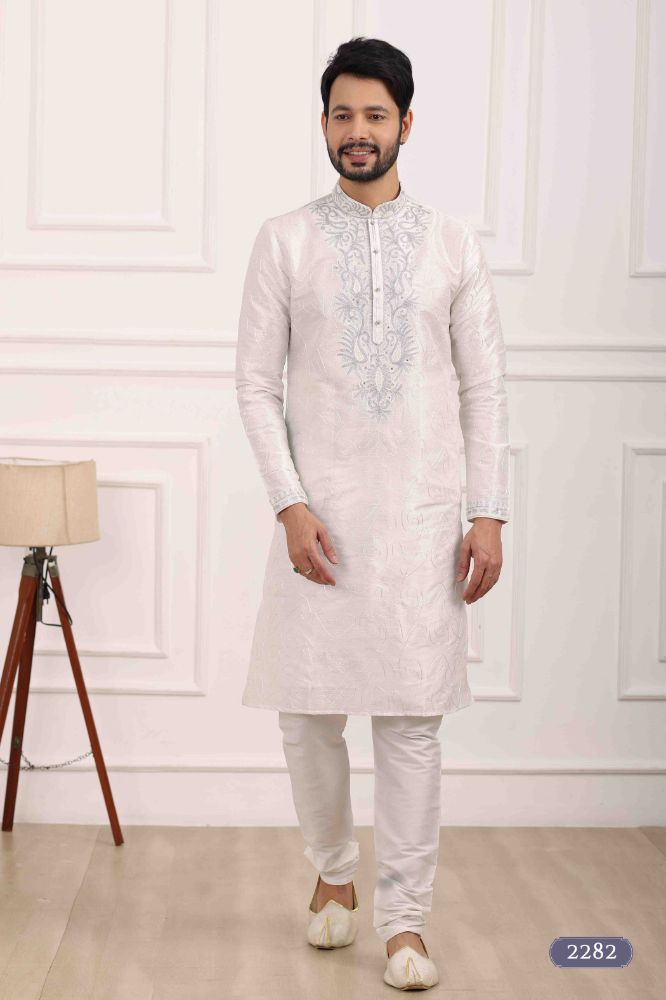 Raivat Ethnic Art Banarasi Silk Thread Work Kurta Pajama In Off White Colour | Grocsy
