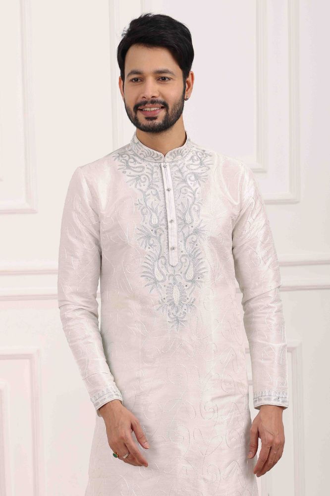 Raivat Ethnic Art Banarasi Silk Thread Work Kurta Pajama In Off White Colour | Grocsy