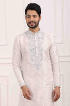 Raivat Ethnic Art Banarasi Silk Thread Work Kurta Pajama In Off White Colour | Grocsy