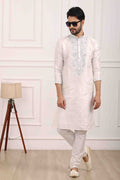 Raivat Ethnic Art Banarasi Silk Thread Work Kurta Pajama In Off White Colour | Grocsy