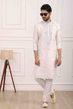 Raivat Ethnic Art Banarasi Silk Thread Work Kurta Pajama In Off White Colour | Grocsy