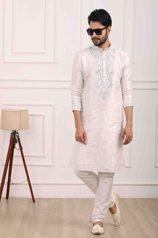 Raivat Ethnic Art Banarasi Silk Thread Work Kurta Pajama In Off White Colour | Grocsy