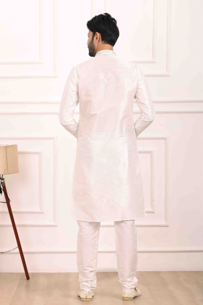 Raivat Ethnic Art Banarasi Silk Thread Work Kurta Pajama In Off White Colour | Grocsy
