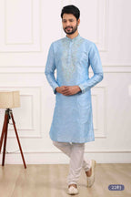 Raivat Ethnic Art Banarasi Silk Thread Work Kurta Pajama In Sky Blue Colour | Grocsy