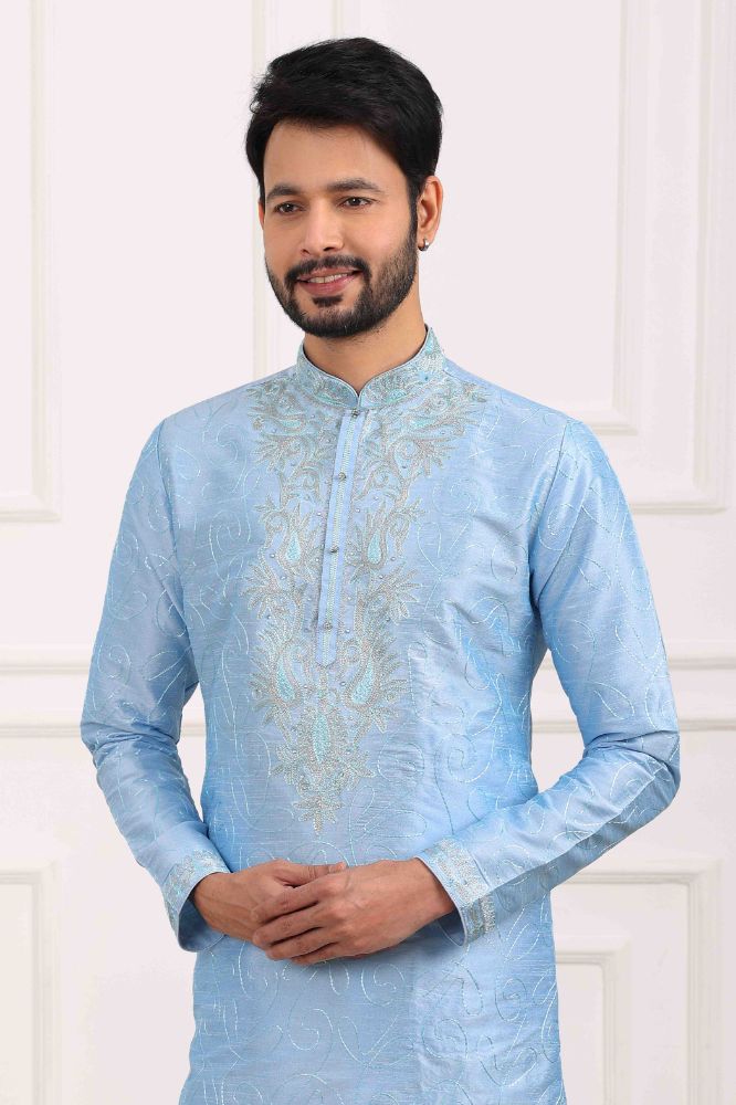 Raivat Ethnic Art Banarasi Silk Thread Work Kurta Pajama In Sky Blue Colour | Grocsy