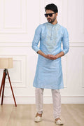 Raivat Ethnic Art Banarasi Silk Thread Work Kurta Pajama In Sky Blue Colour | Grocsy
