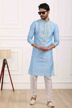 Raivat Ethnic Art Banarasi Silk Thread Work Kurta Pajama In Sky Blue Colour | Grocsy