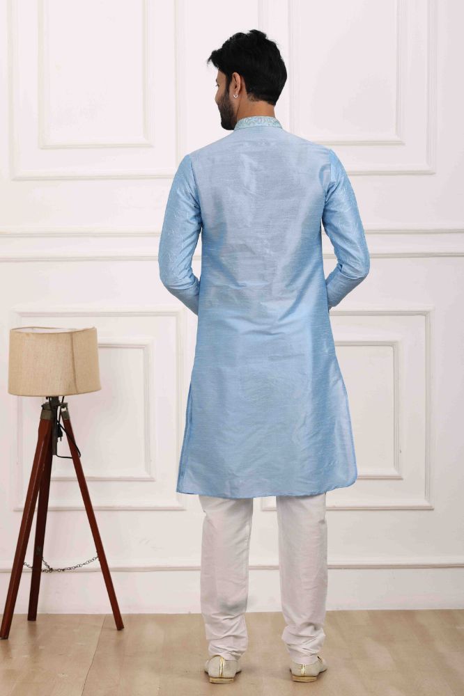 Raivat Ethnic Art Banarasi Silk Thread Work Kurta Pajama In Sky Blue Colour | Grocsy