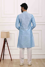 Raivat Ethnic Art Banarasi Silk Thread Work Kurta Pajama In Sky Blue Colour | Grocsy