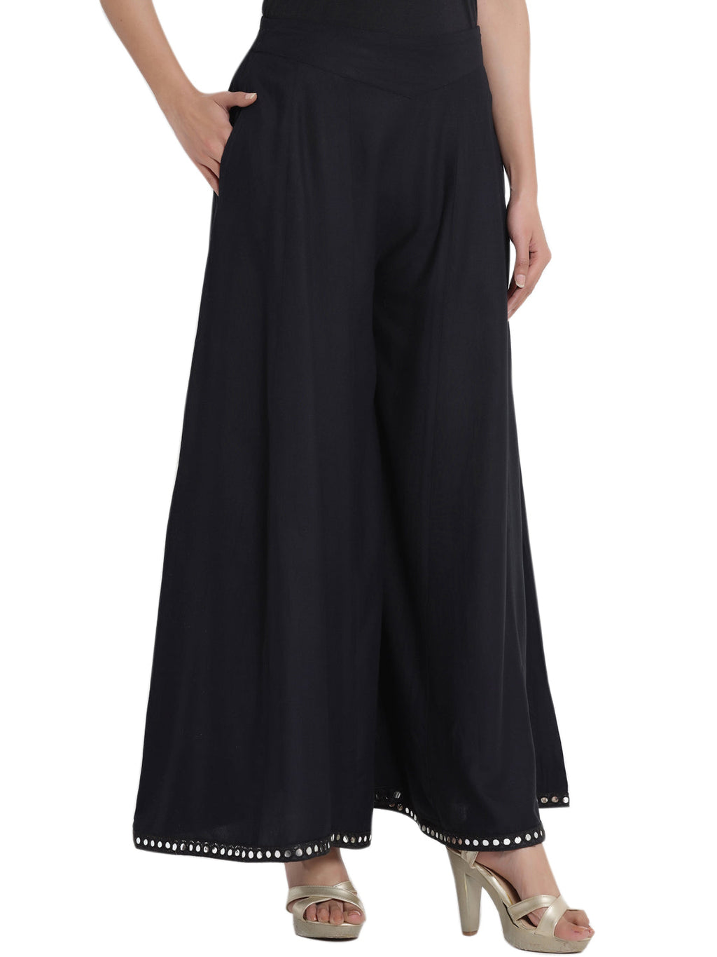 Juniper Women Black Rayon Solid Flared Palazzo | Grocsy
