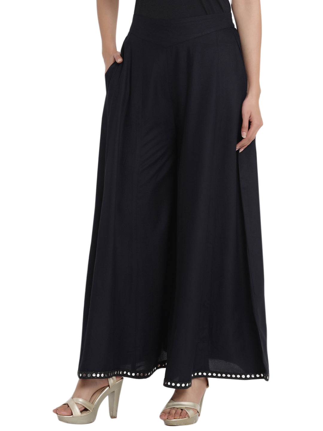 Juniper Women Black Rayon Solid Flared Palazzo | Grocsy