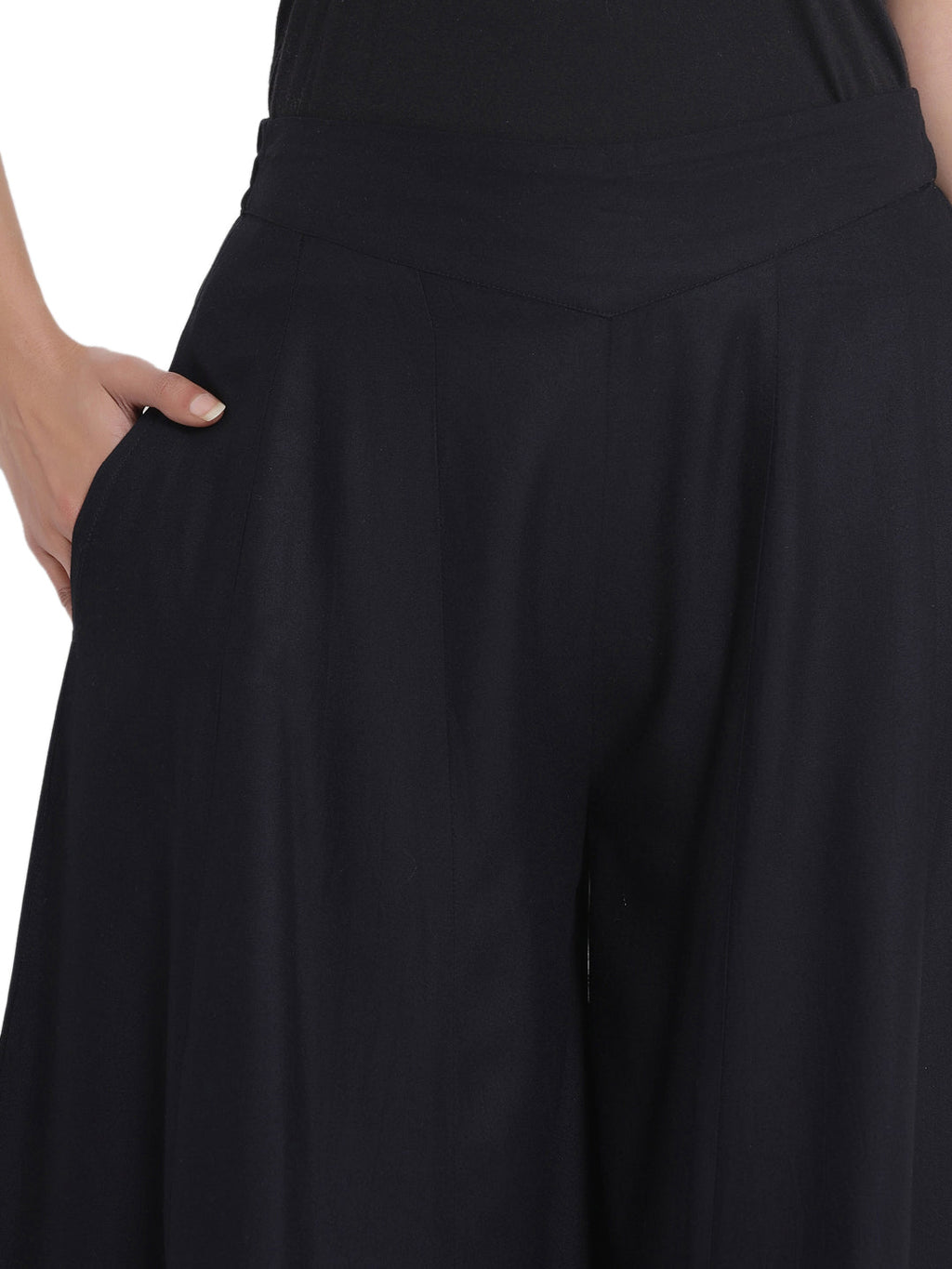 Juniper Women Black Rayon Solid Flared Palazzo | Grocsy
