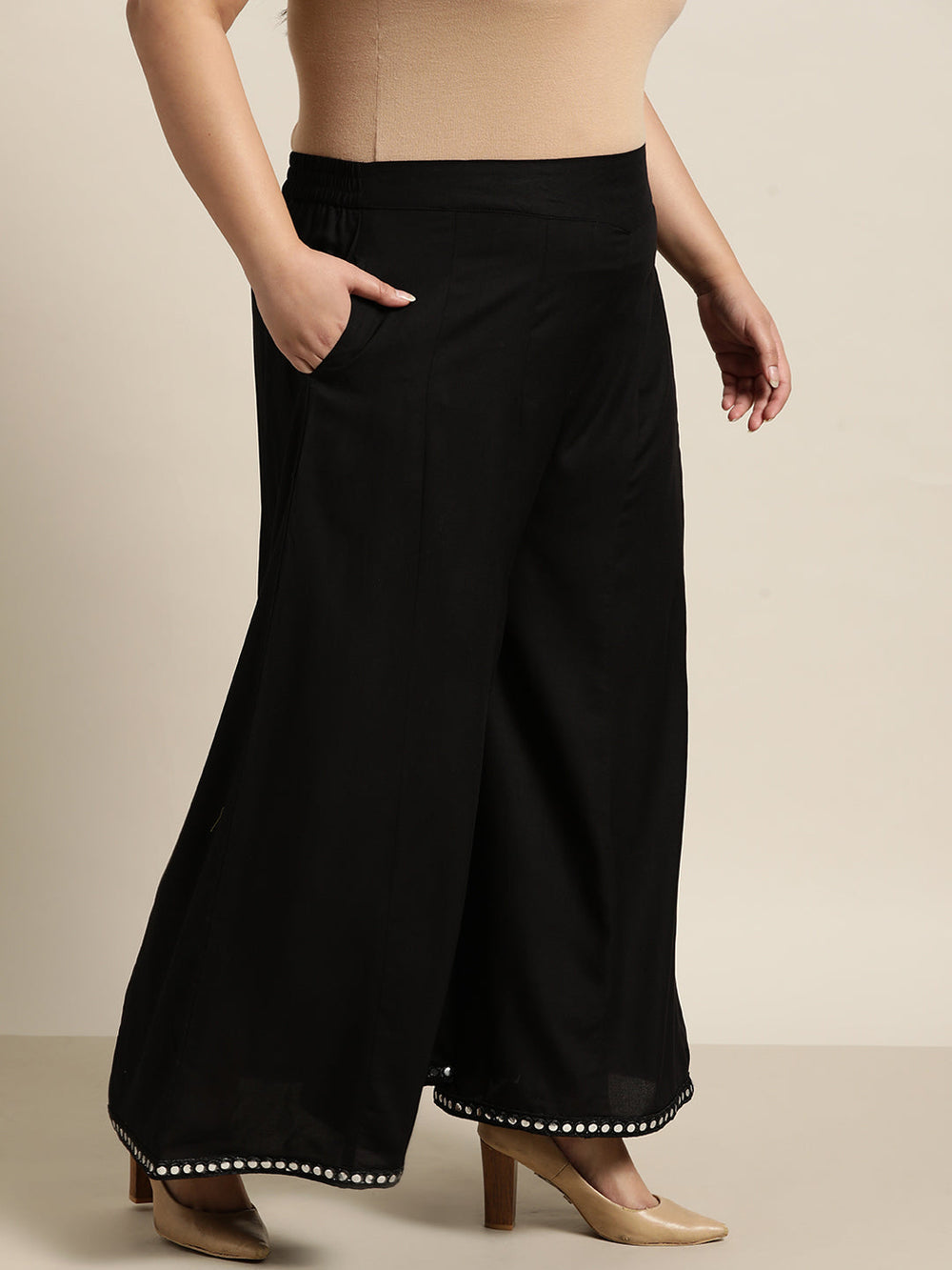 Juniper Women`s Black Rayon Daily Wear Solid Flared Palazzo | Grocsy