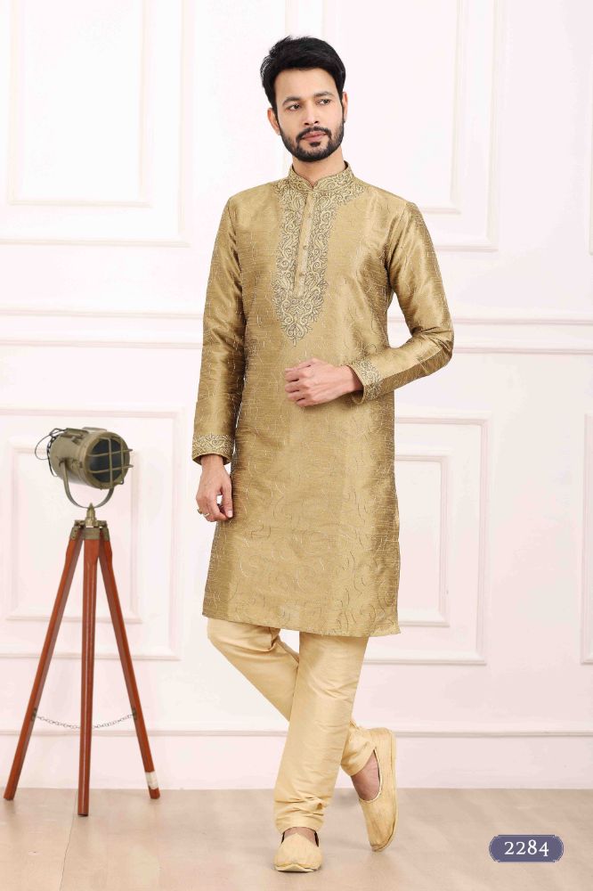 Raivat Ethnic Art Banarasi Silk Thread Work Kurta Pajama In Beige Colour | Grocsy