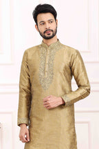 Raivat Ethnic Art Banarasi Silk Thread Work Kurta Pajama In Beige Colour | Grocsy