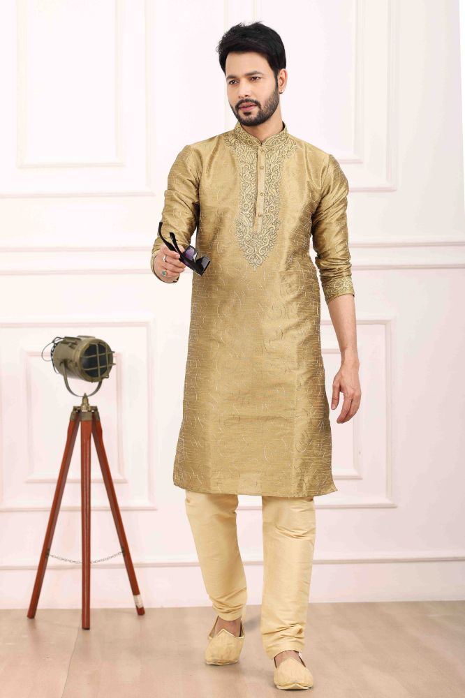 Raivat Ethnic Art Banarasi Silk Thread Work Kurta Pajama In Beige Colour | Grocsy