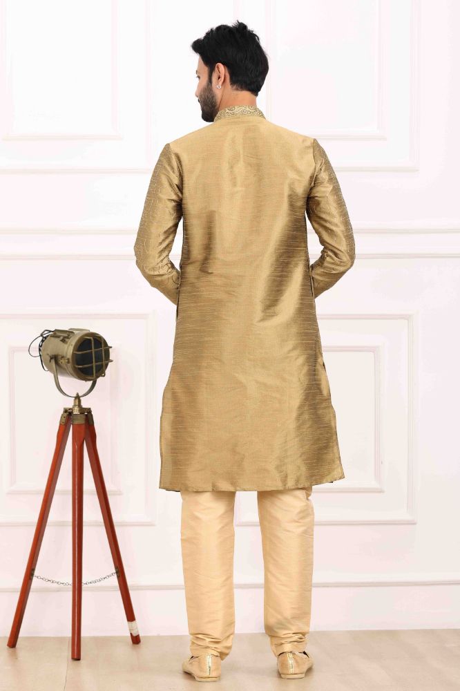 Raivat Ethnic Art Banarasi Silk Thread Work Kurta Pajama In Beige Colour | Grocsy