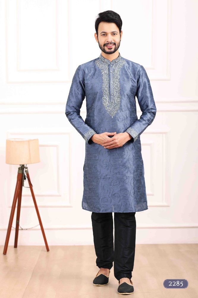 Raivat Ethnic Art Banarasi Silk Thread Work Kurta Pajama In Blue Colour | Grocsy