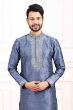 Raivat Ethnic Art Banarasi Silk Thread Work Kurta Pajama In Blue Colour | Grocsy