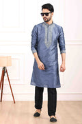 Raivat Ethnic Art Banarasi Silk Thread Work Kurta Pajama In Blue Colour | Grocsy