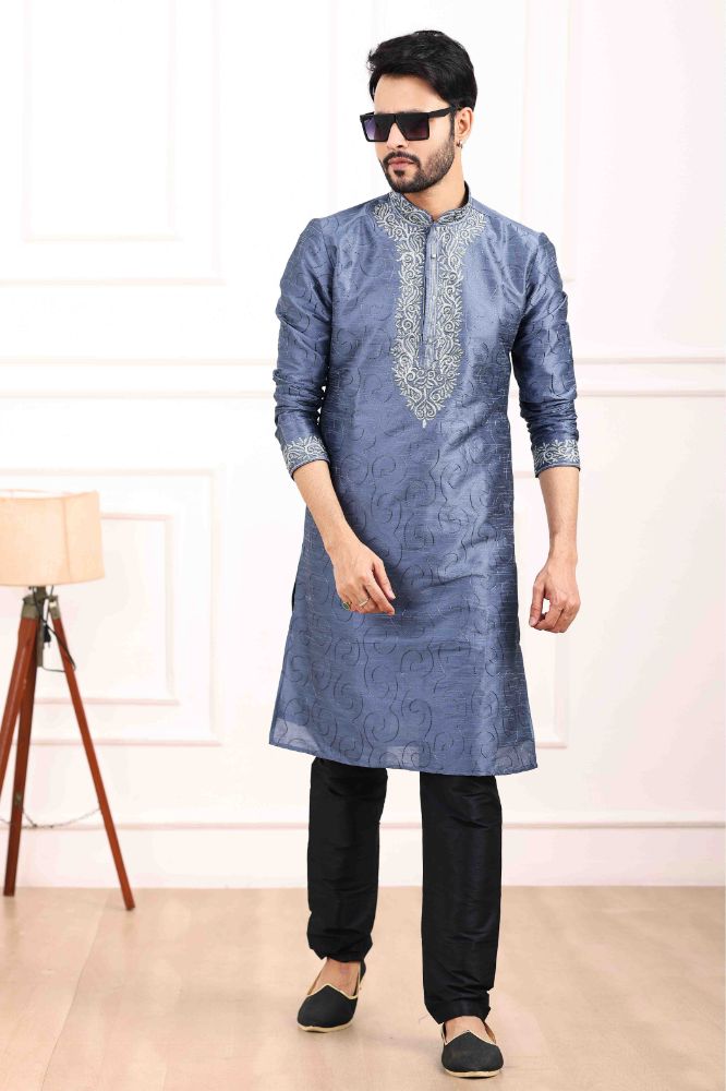 Raivat Ethnic Art Banarasi Silk Thread Work Kurta Pajama In Blue Colour | Grocsy