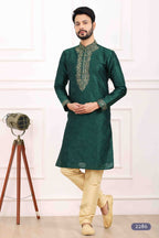 Raivat Ethnic Art Banarasi Silk Thread Work Kurta Pajama In Green Colour | Grocsy