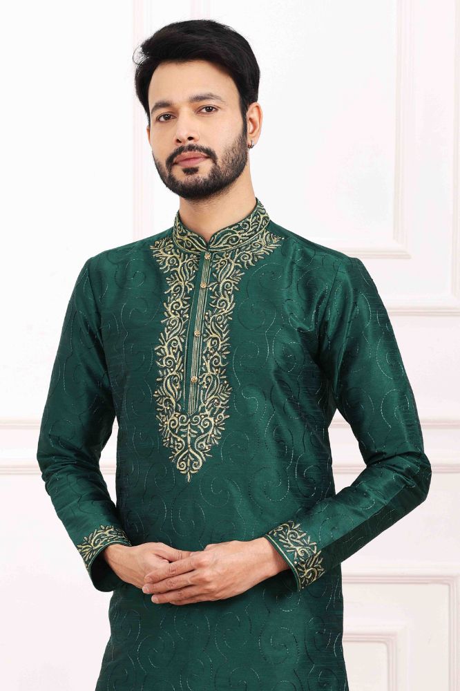 Raivat Ethnic Art Banarasi Silk Thread Work Kurta Pajama In Green Colour | Grocsy